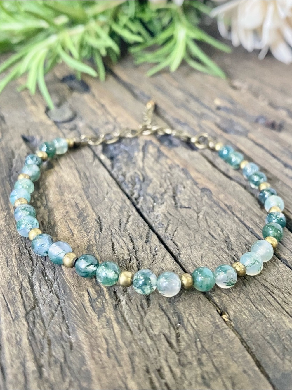 Dainty Natural Agate Beaded Chain Bracelet Adjustable